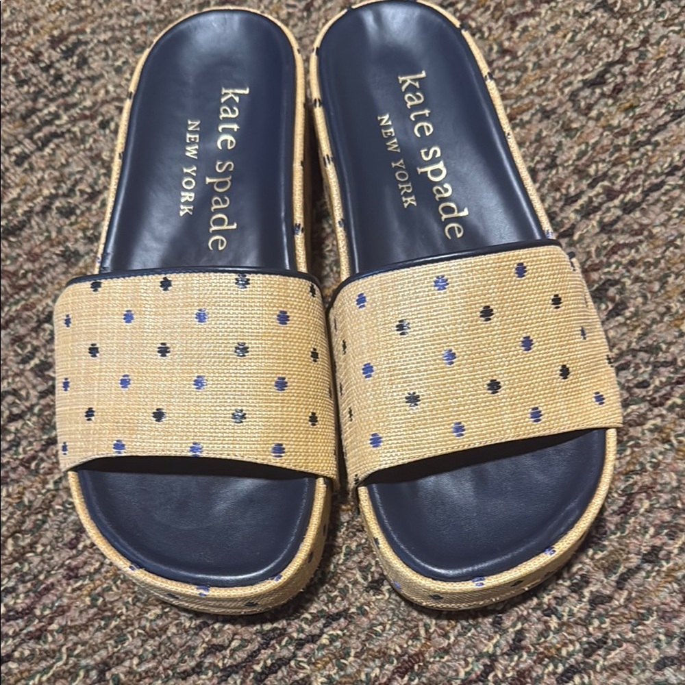 Kate Spade Tan and Navy Slide Sandals
